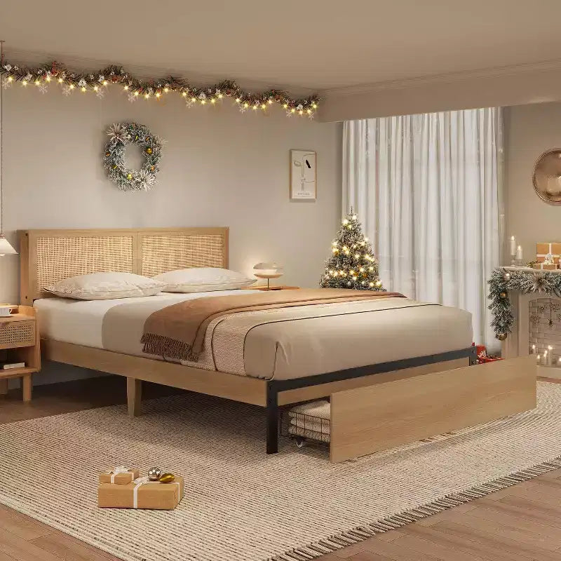 Cadre de lit Boho en rotin naturel avec tête de lit en bois, 2 tiroirs de rangement, lumières LED RVB, plateforme robuste avec lattes, aucun sommier tapissier requis