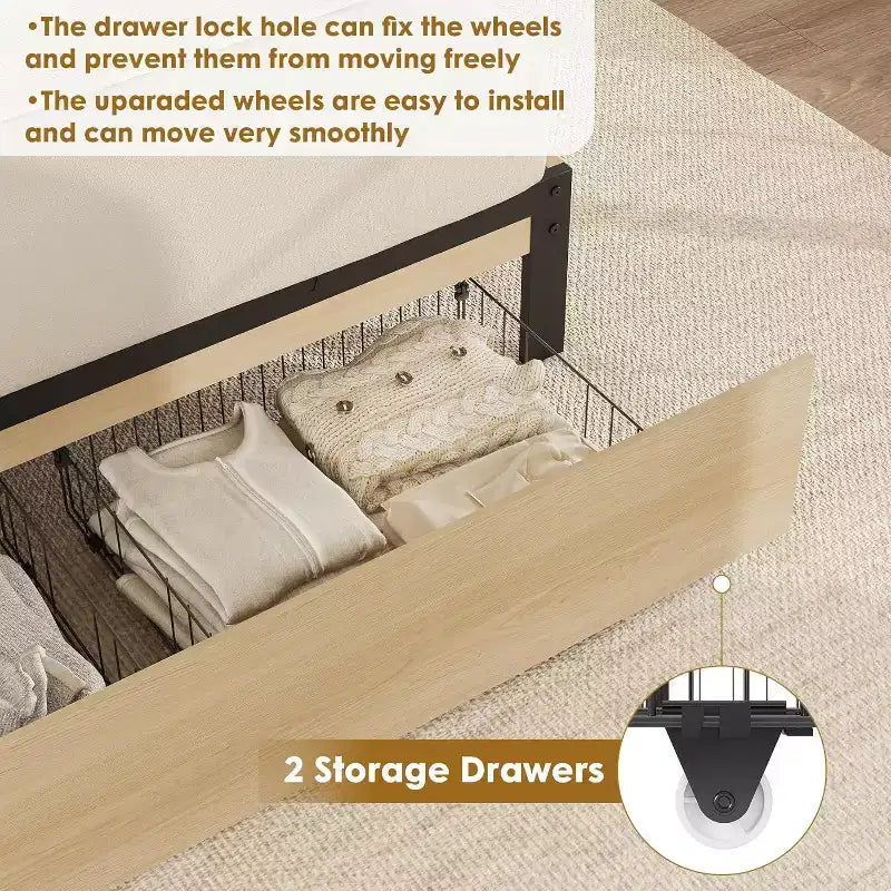 Cadre de lit Boho en rotin naturel avec tête de lit en bois, 2 tiroirs de rangement, lumières LED RVB, plateforme robuste avec lattes, aucun sommier tapissier requis