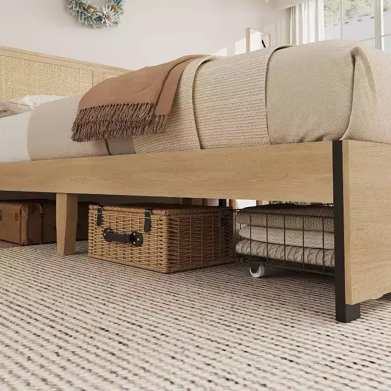 Cadre de lit Boho en rotin naturel avec tête de lit en bois, 2 tiroirs de rangement, lumières LED RVB, plateforme robuste avec lattes, aucun sommier tapissier requis
