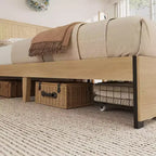 Cadre de lit Boho en rotin naturel avec tête de lit en bois, 2 tiroirs de rangement, lumières LED RVB, plateforme robuste avec lattes, aucun sommier tapissier requis