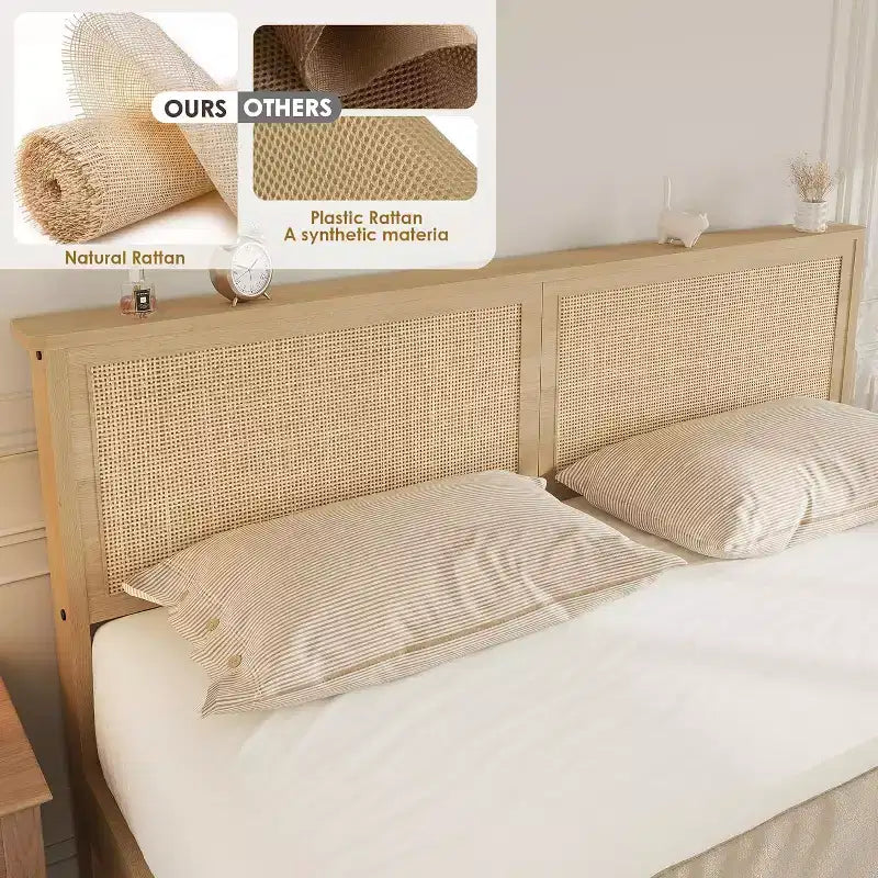 Cadre de lit Boho en rotin naturel avec tête de lit en bois, 2 tiroirs de rangement, lumières LED RVB, plateforme robuste avec lattes, aucun sommier tapissier requis