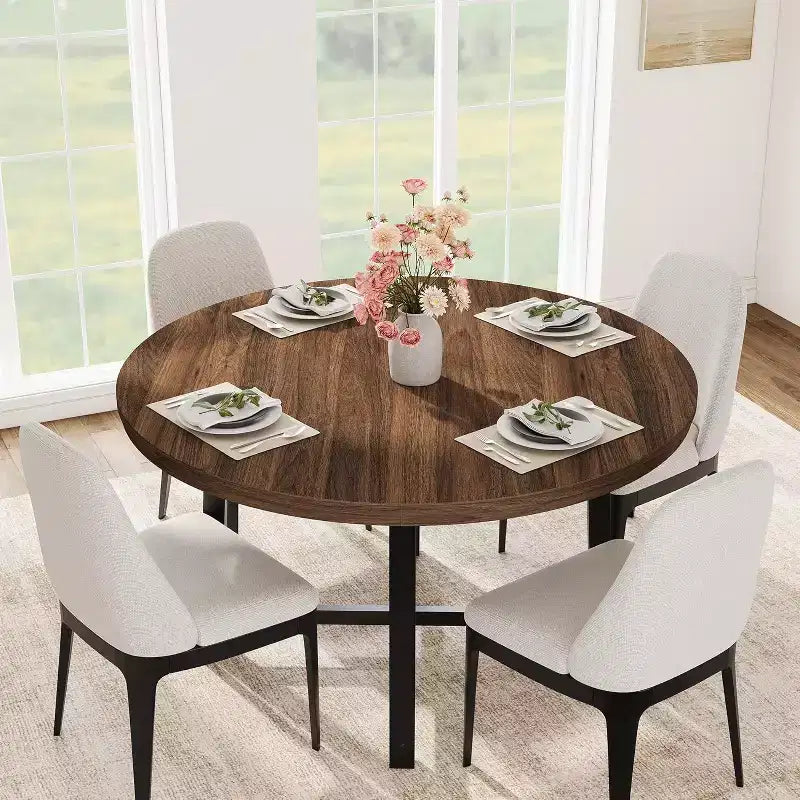 CuisinSmart Table à Manger Ronde de 120 cm, Table à Dîner Industrielle pour 4 à 6 Personnes, Table de Cuisine en Bois avec Cadre Métallique Robuste et Finition Rustique