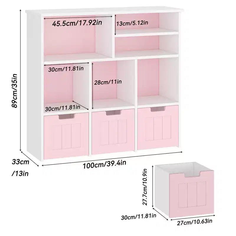 Organisateur de rangement pour jouets d'enfants avec 3 tiroirs mobiles et 6 compartiments de rangement pour salon, salle de jeux, chambre d'enfant, chambre à coucher, blanc et rose