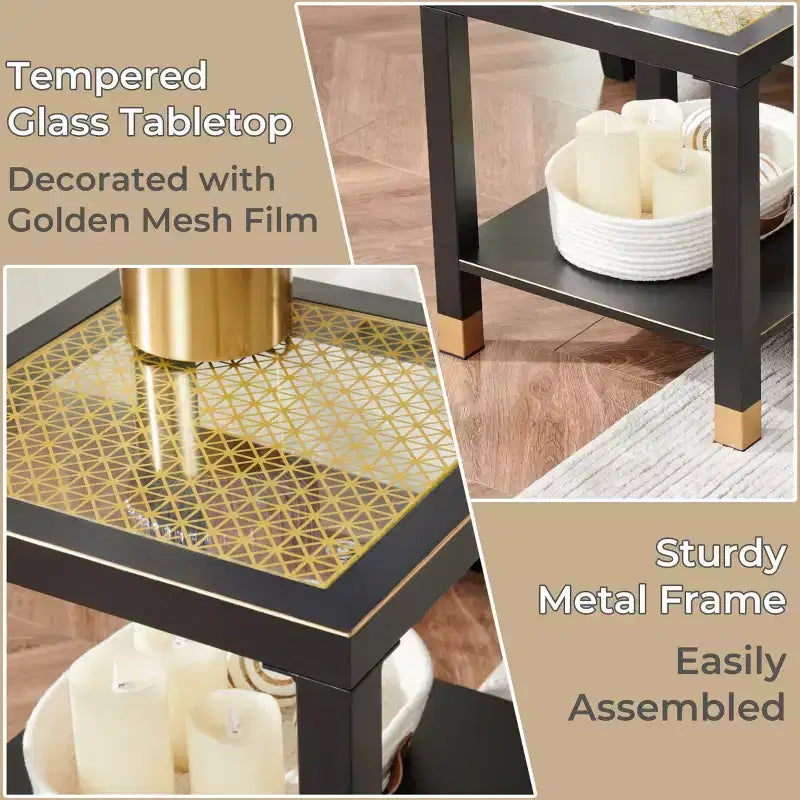 Table d'appoint Probe Hues Mid-Century en métal et verre - Étagère de rangement et hauteur côté canapé