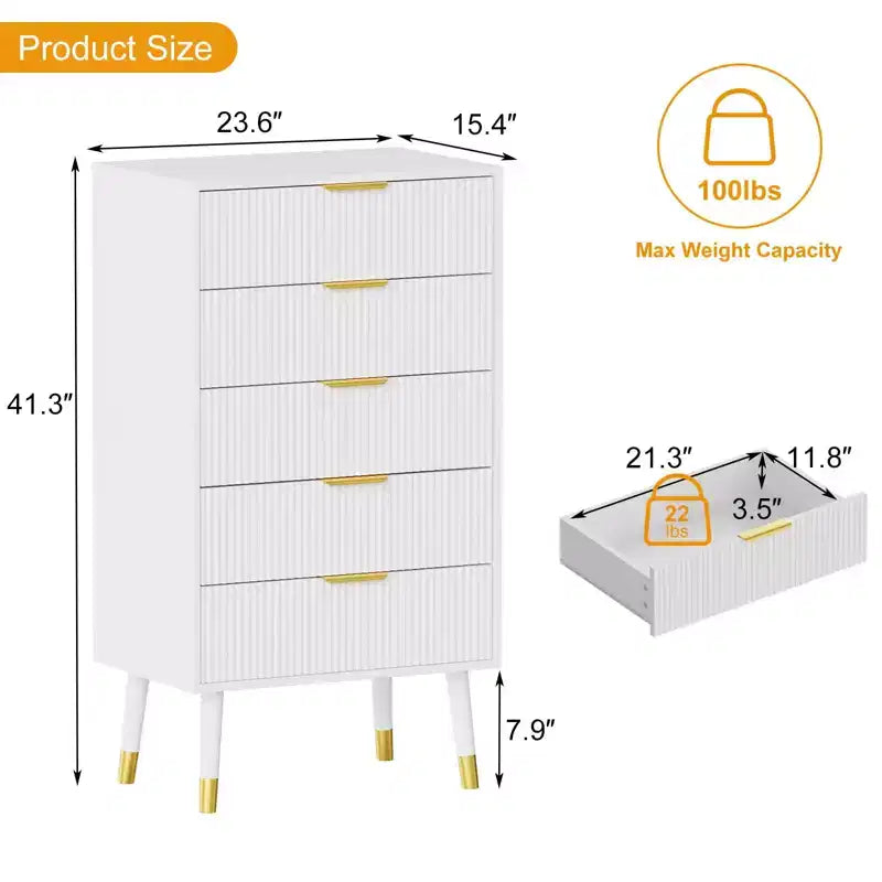 Commode moderne à 5 tiroirs pour chambre à coucher, commode de 145 cm de large en bois cannelé