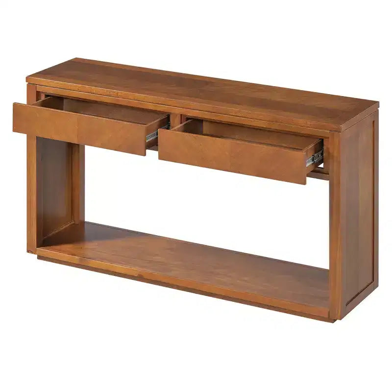 Console MAYEERTY en bois rustique avec tiroirs de rangement et étagère ouverte pour couloir et salon, couleur miel
