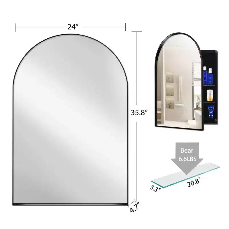 Armoire à pharmacie encastrée arquée 24x36 pouces, armoire murale de salle de bain à cadre métallique avec miroir et étagères réglables