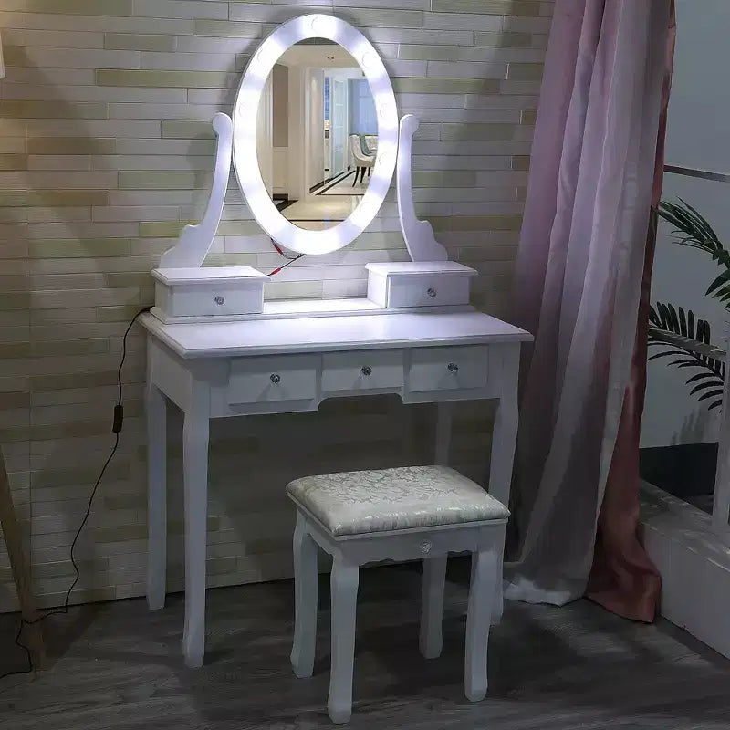 Coiffeuse moderne, ensemble de coiffeuse pour filles avec miroir éclairé et tabouret capitonné, table de maquillage avec 5 tiroirs pour chambre à coucher, coiffeuse pour enfants et femmes