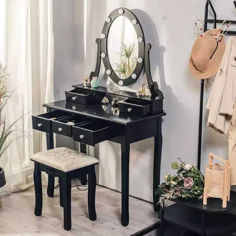 Coiffeuse moderne, ensemble de coiffeuse pour filles avec miroir éclairé et tabouret capitonné, table de maquillage avec 5 tiroirs pour chambre à coucher, coiffeuse pour enfants et femmes