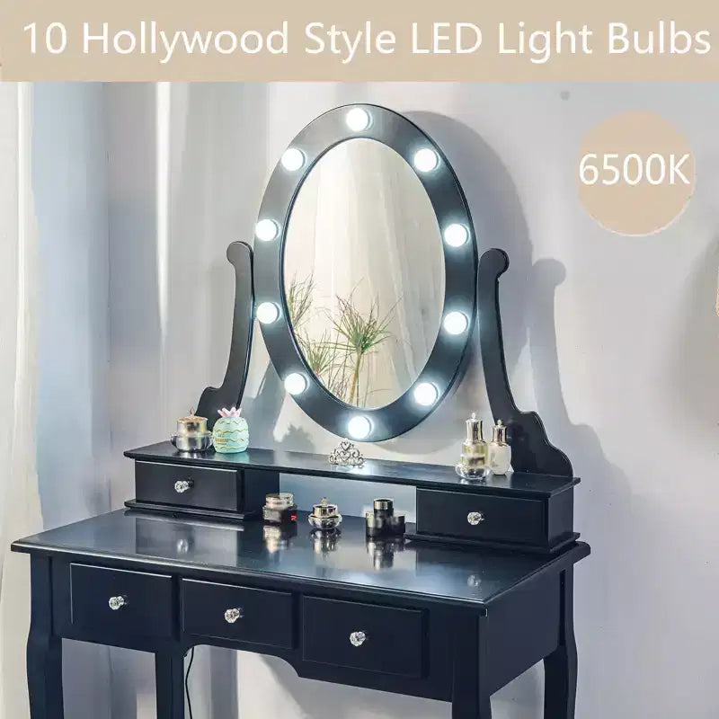 Coiffeuse moderne, ensemble de coiffeuse pour filles avec miroir éclairé et tabouret capitonné, table de maquillage avec 5 tiroirs pour chambre à coucher, coiffeuse pour enfants et femmes