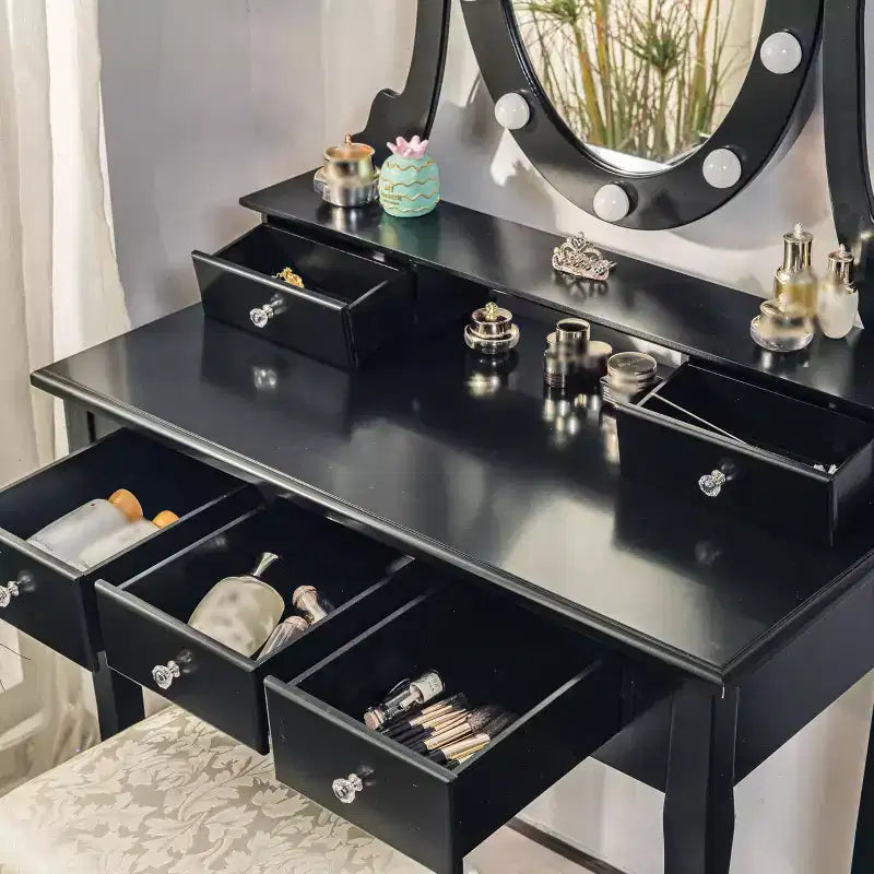 Coiffeuse moderne, ensemble de coiffeuse pour filles avec miroir éclairé et tabouret capitonné, table de maquillage avec 5 tiroirs pour chambre à coucher, coiffeuse pour enfants et femmes
