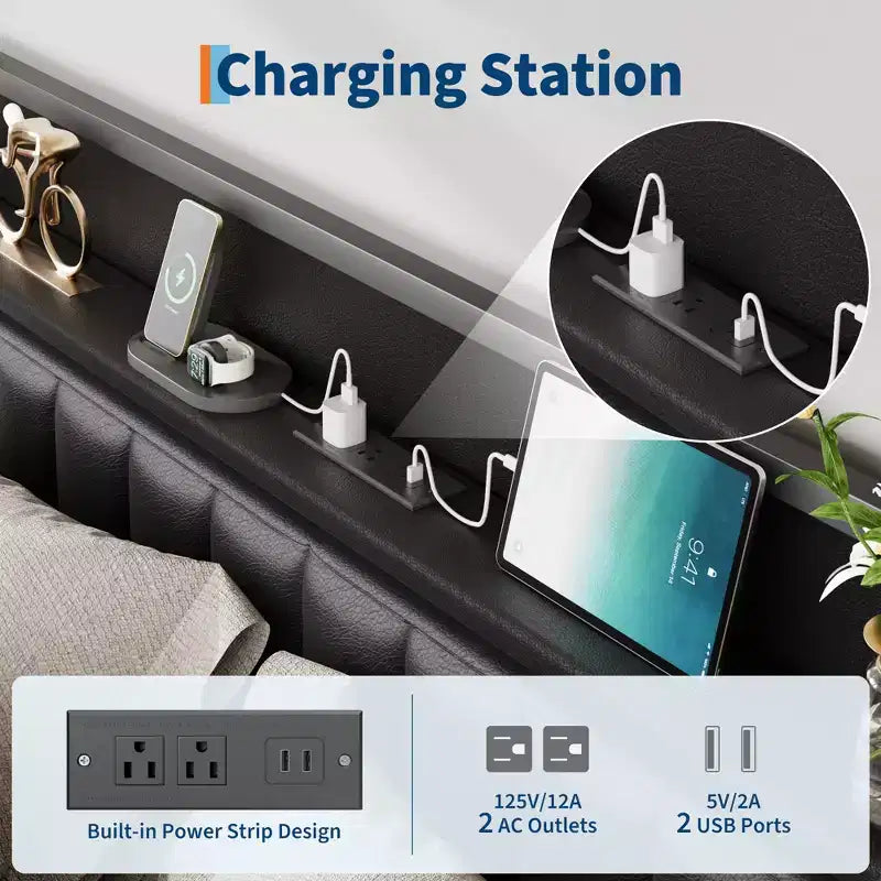 Cadre de lit avec tête de lit capitonnée en similicuir PU avec station de charge, cadre de lit plateforme entièrement métallique avec rangement
