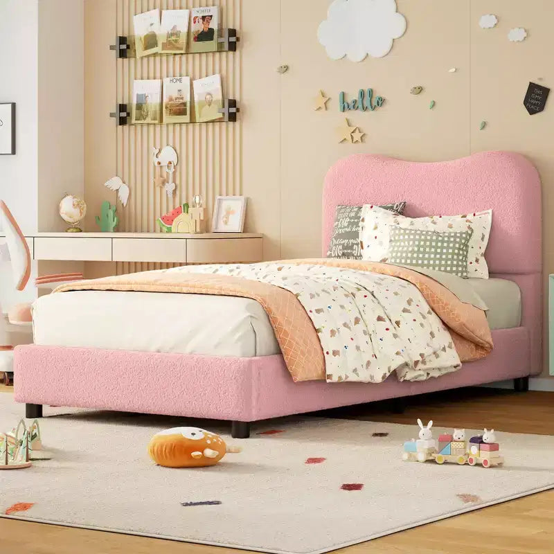 Cadre de lit enfant en velours avec tête de lit - Lit plateforme bas pour adolescents, pas besoin de sommier tapissier, tissu douillet, silencieux et facile à assembler