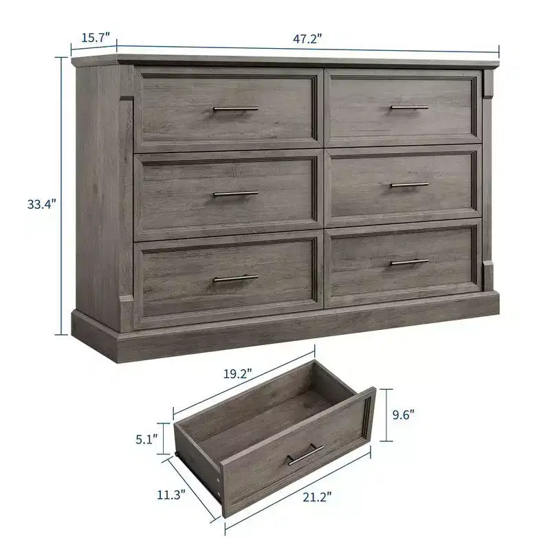 Commode de ferme à 6 tiroirs, commode en bois de 120 cm de long, organisateur de placards, commode rustique