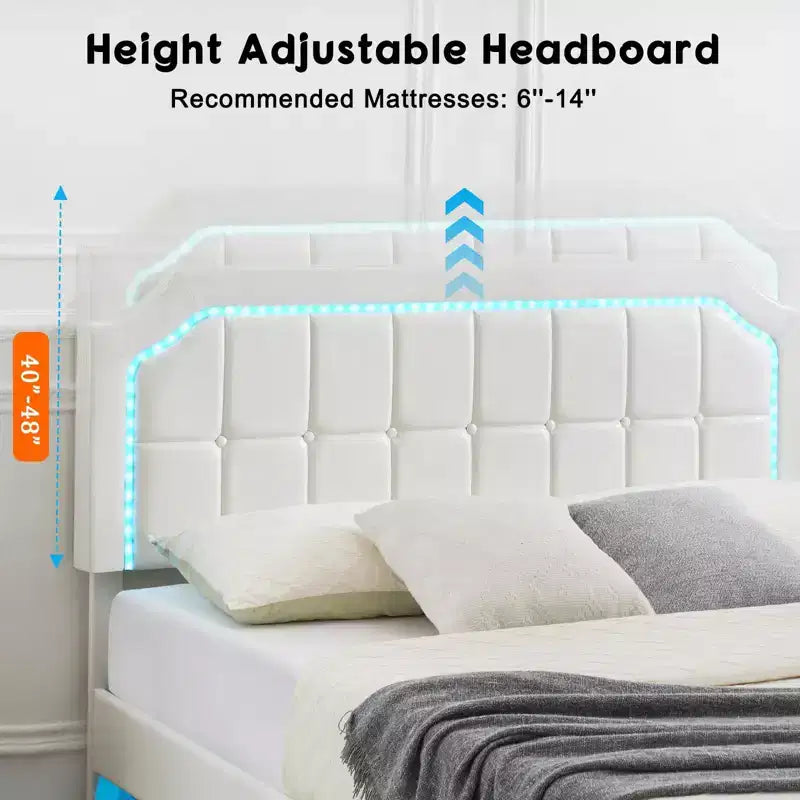 Cadre de lit flottant double avec lumières RVB - Tête de lit réglable en PU, plateforme métallique et sans sommier, blanc