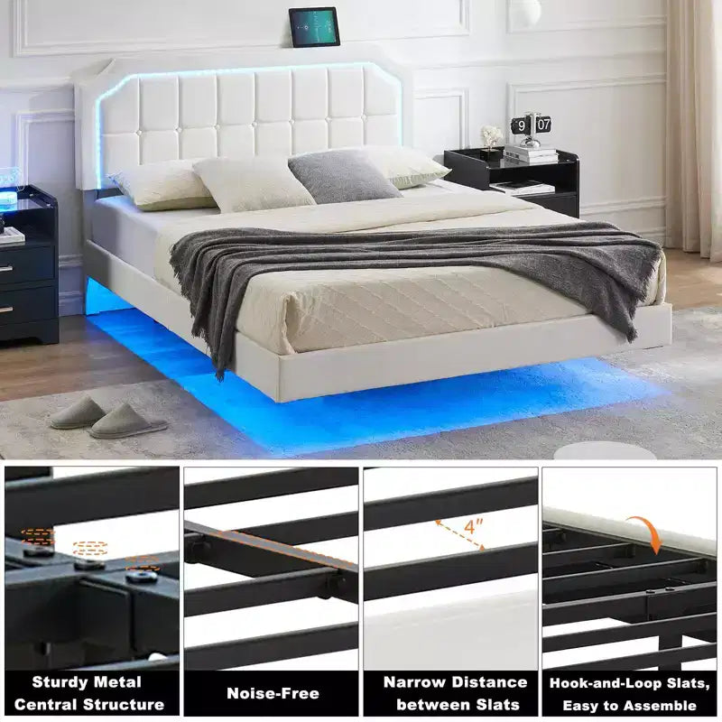 Cadre de lit flottant double avec lumières RVB - Tête de lit réglable en PU, plateforme métallique et sans sommier, blanc