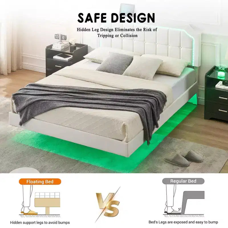 Cadre de lit flottant double avec lumières RVB - Tête de lit réglable en PU, plateforme métallique et sans sommier, blanc