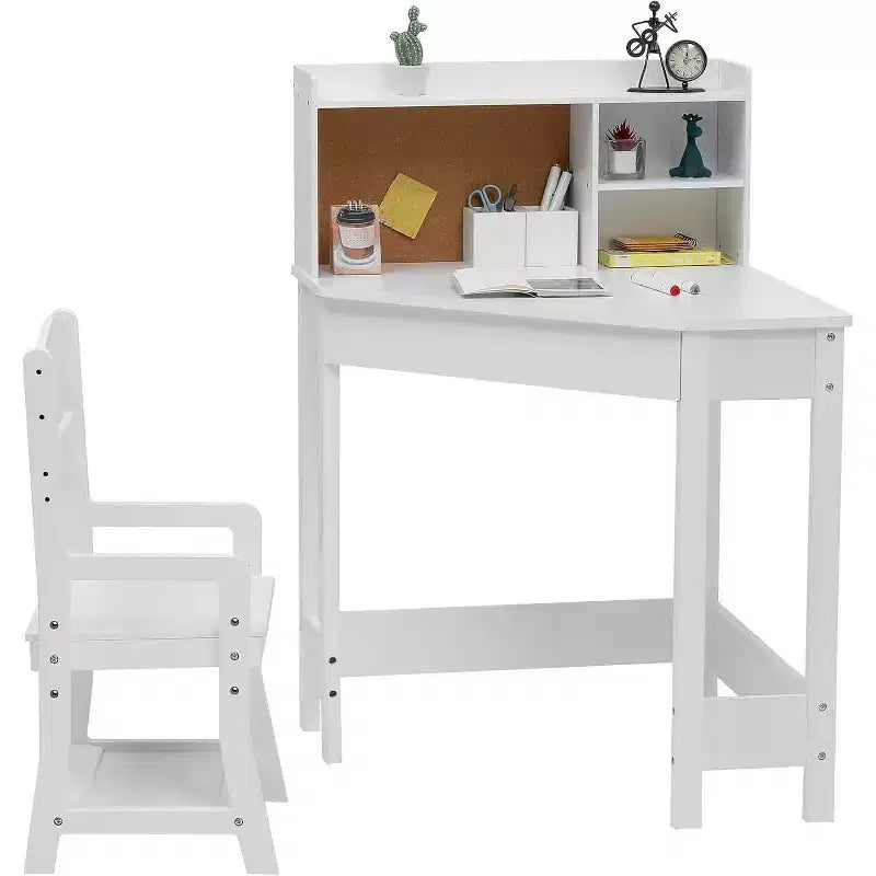 Ensemble bureau et chaise pour enfants Acekool, table d'étude d'angle en bois avec étagère, tableau d'affichage et porte-stylo, blanc