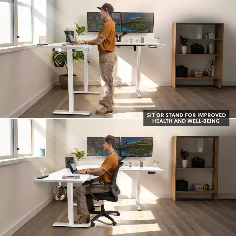 Mount-It! Bureau d'angle électrique réglable en hauteur XL, cadre blanc et plateau blanc