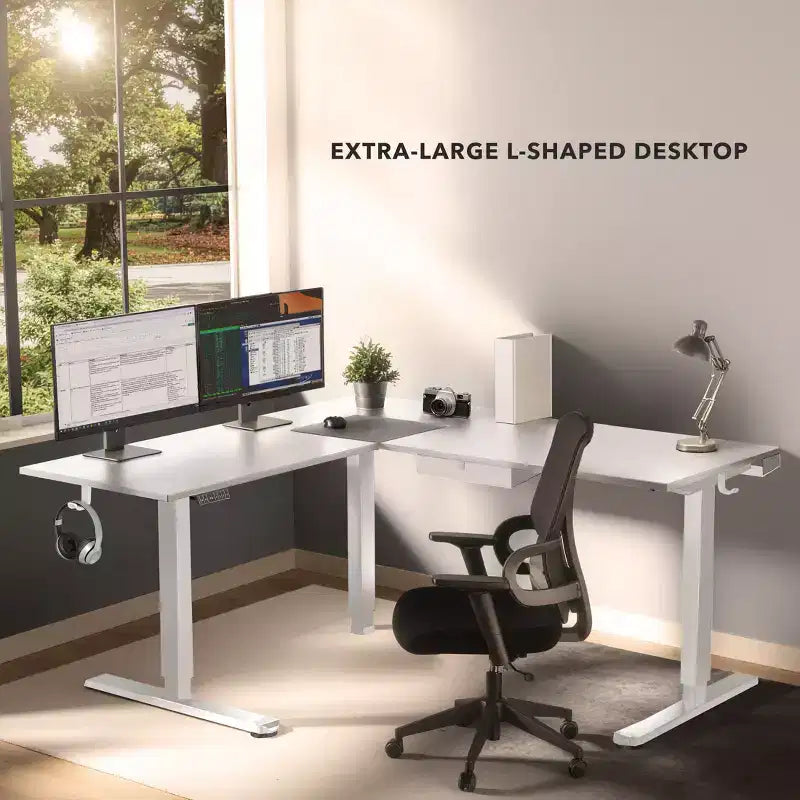 Mount-It! Bureau d'angle électrique réglable en hauteur XL, cadre blanc et plateau blanc