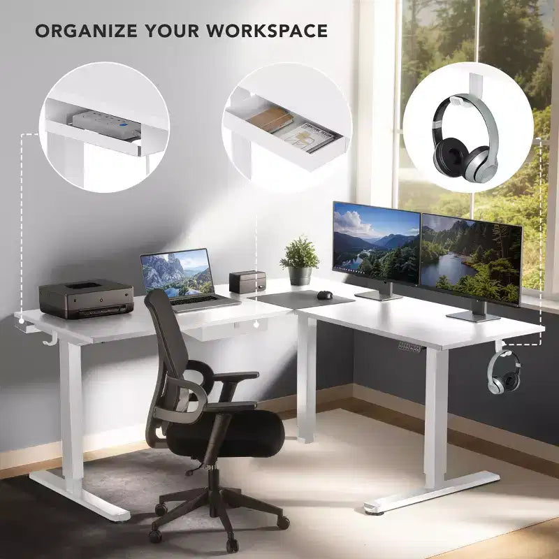 Mount-It! Bureau d'angle électrique réglable en hauteur XL, cadre blanc et plateau blanc