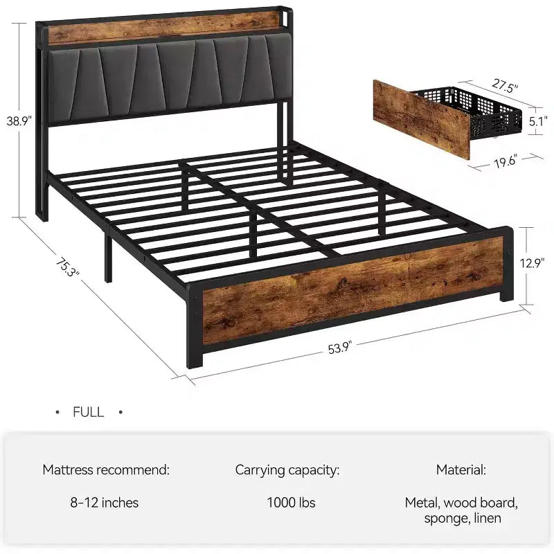 Cadre de lit King size avec 4 tiroirs de rangement, lit plateforme avec tête de lit chargée, robuste et stable, silencieux, pas besoin de sommier tapissier, facile à installer