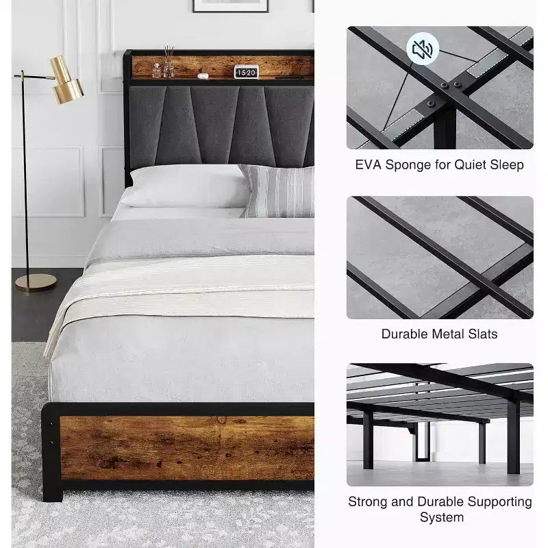 Cadre de lit King size avec 4 tiroirs de rangement, lit plateforme avec tête de lit chargée, robuste et stable, silencieux, pas besoin de sommier tapissier, facile à installer