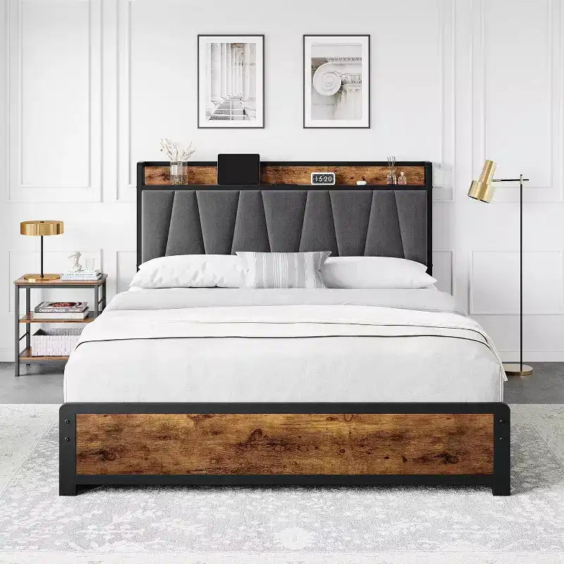 Cadre de lit King size avec 4 tiroirs de rangement, lit plateforme avec tête de lit chargée, robuste et stable, silencieux, pas besoin de sommier tapissier, facile à installer