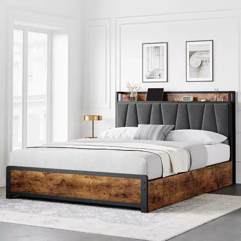 Cadre de lit King size avec 4 tiroirs de rangement, lit plateforme avec tête de lit chargée, robuste et stable, silencieux, pas besoin de sommier tapissier, facile à installer