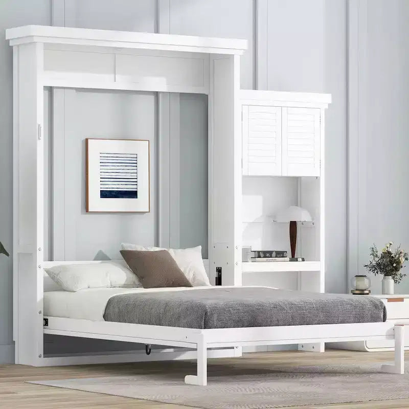Lit escamotable grand lit (Queen Size) Whisen Wood avec plusieurs étagères de rangement et décorations à persiennes