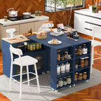 Îlot de cuisine roulant avec table extensible, îlot de cuisine sur roulettes avec lumières LED, prises électriques, 2 portes en verre cannelé