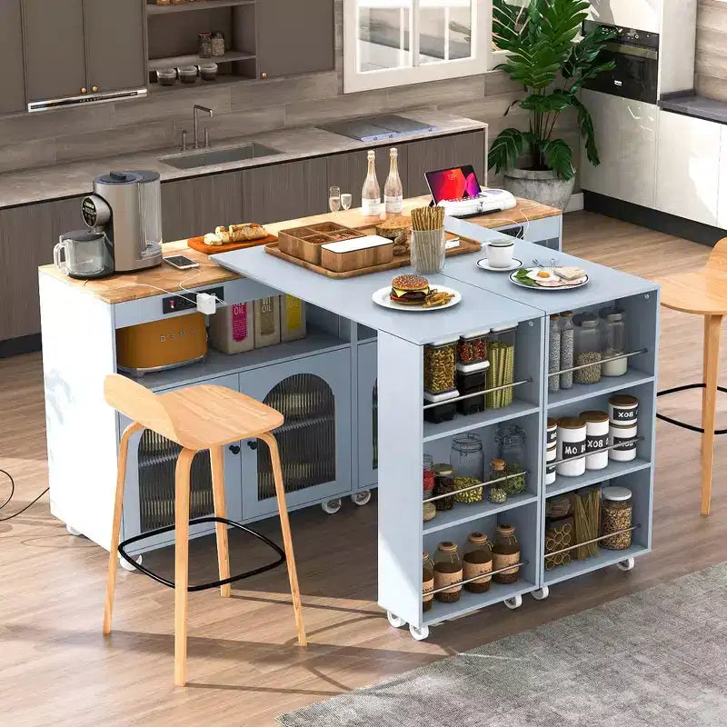 Îlot de cuisine roulant avec table extensible, îlot de cuisine sur roulettes avec lumières LED, prises électriques, 2 portes en verre cannelé