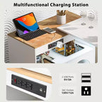 Îlot de cuisine roulant avec table extensible, îlot de cuisine sur roulettes avec lumières LED, prises électriques, 2 portes en verre cannelé