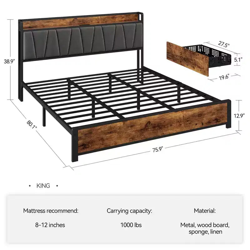 Cadre de lit, Cadre de lit King size - avec 4 tiroirs de rangement, Tête de lit rembourrée avec chargeur, Plateforme métallique robuste, Sans bruit (Marron rustique)