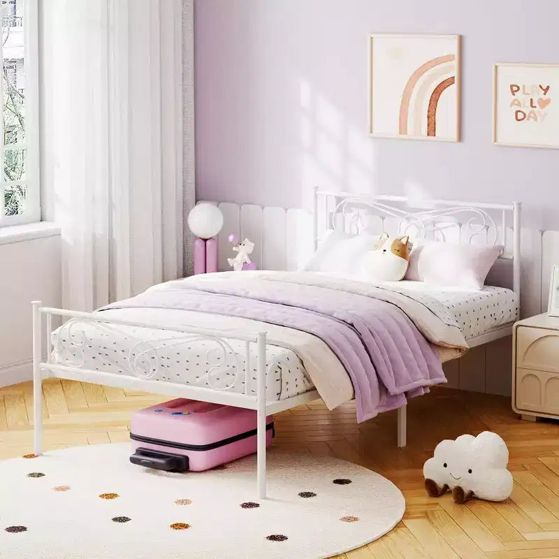TROPOW Lit en métal double - Cadre robuste avec tête et pied de lit, lattes en acier, pas besoin de sommier, montage facile, pour enfants