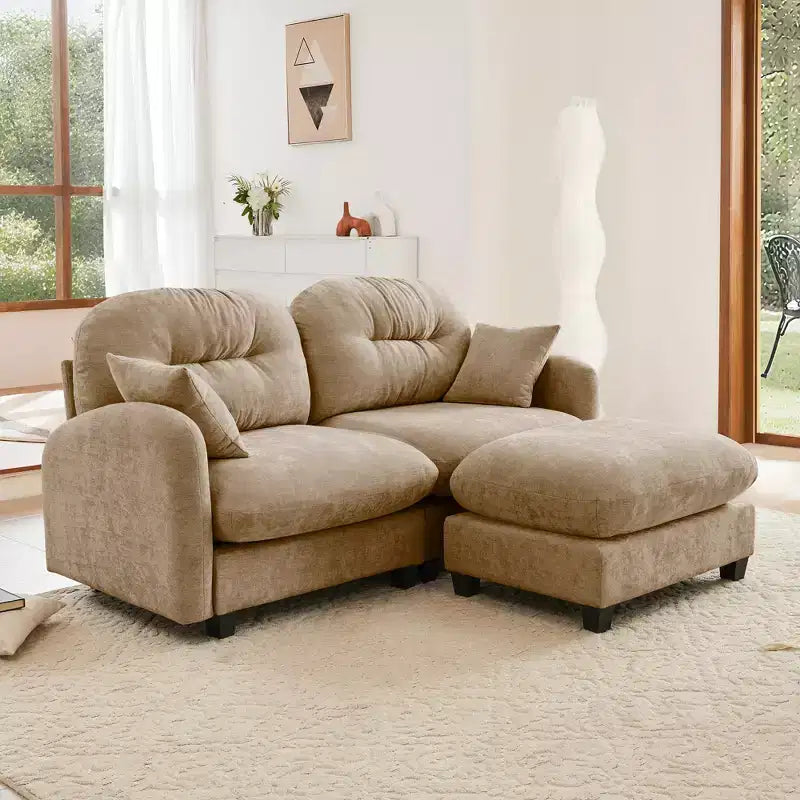 Canapé d'angle et pouf Cloud - Chenille moelleuse, mousse haute densité capitonnée, canapé d'angle compact pour salon