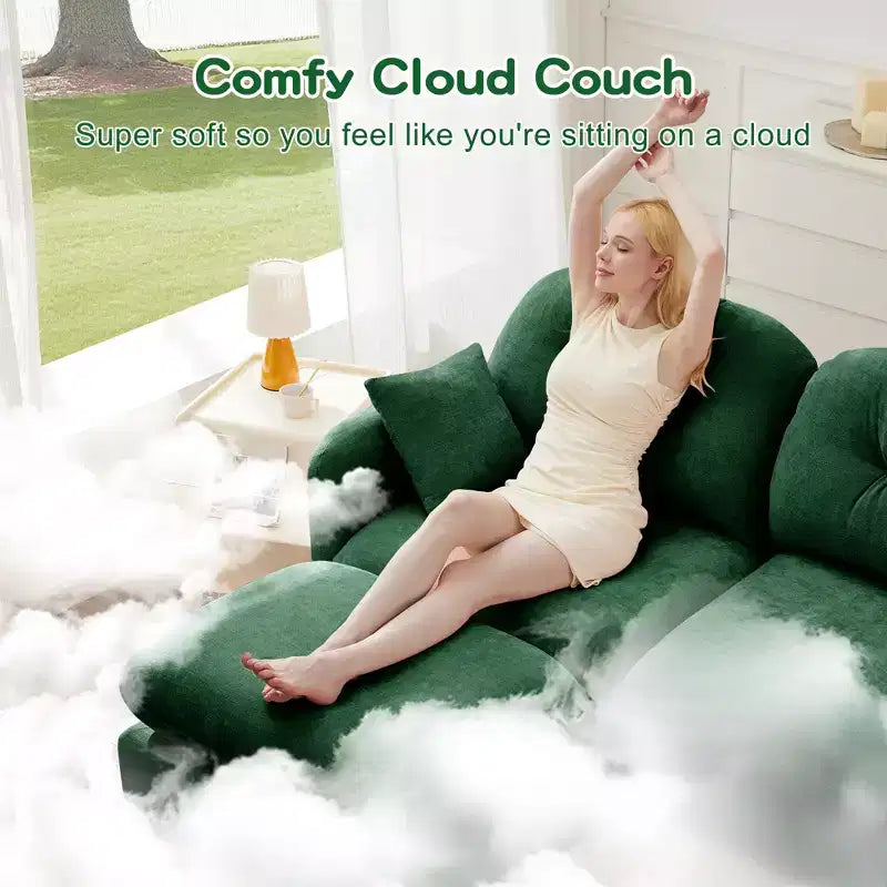 Canapé d'angle et pouf Cloud - Chenille moelleuse, mousse haute densité capitonnée, canapé d'angle compact pour salon