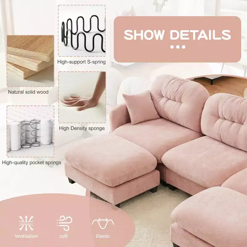 Canapé d'angle et pouf Cloud - Chenille moelleuse, mousse haute densité capitonnée, canapé d'angle compact pour salon