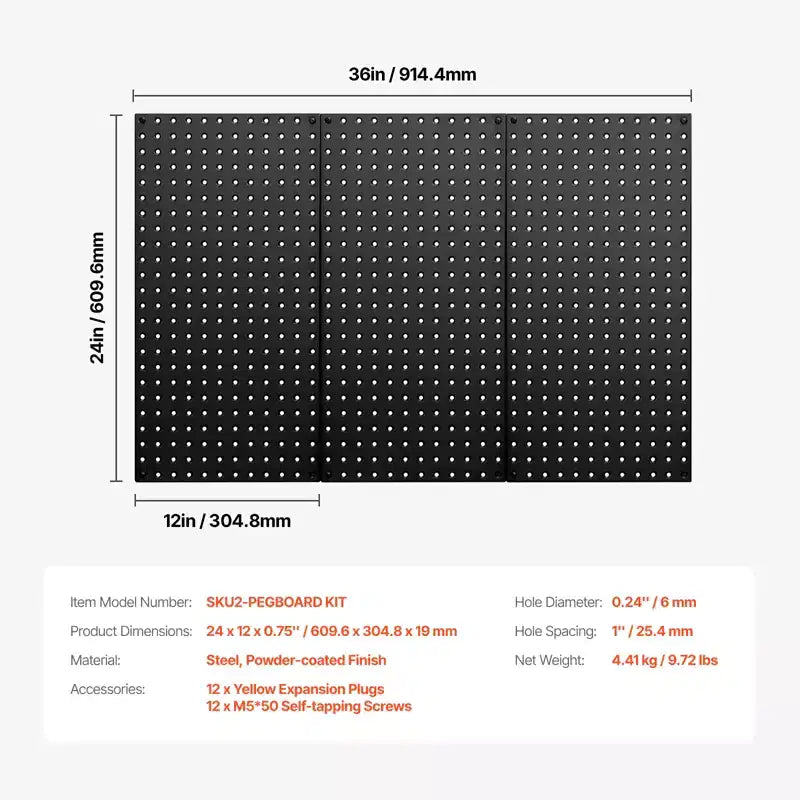 VEVOR Panneaux de tableau perforé en métal, tableau perforé de 61 x 30,5 cm, 3 panneaux, organisateur mural en acier robuste, noir