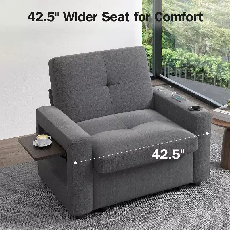 Dyonery 42.5 Canapé-lit convertible avec lit gigogne, fauteuil inclinable 3-en-1 avec dossier réglable, ports USB et tablette latérale