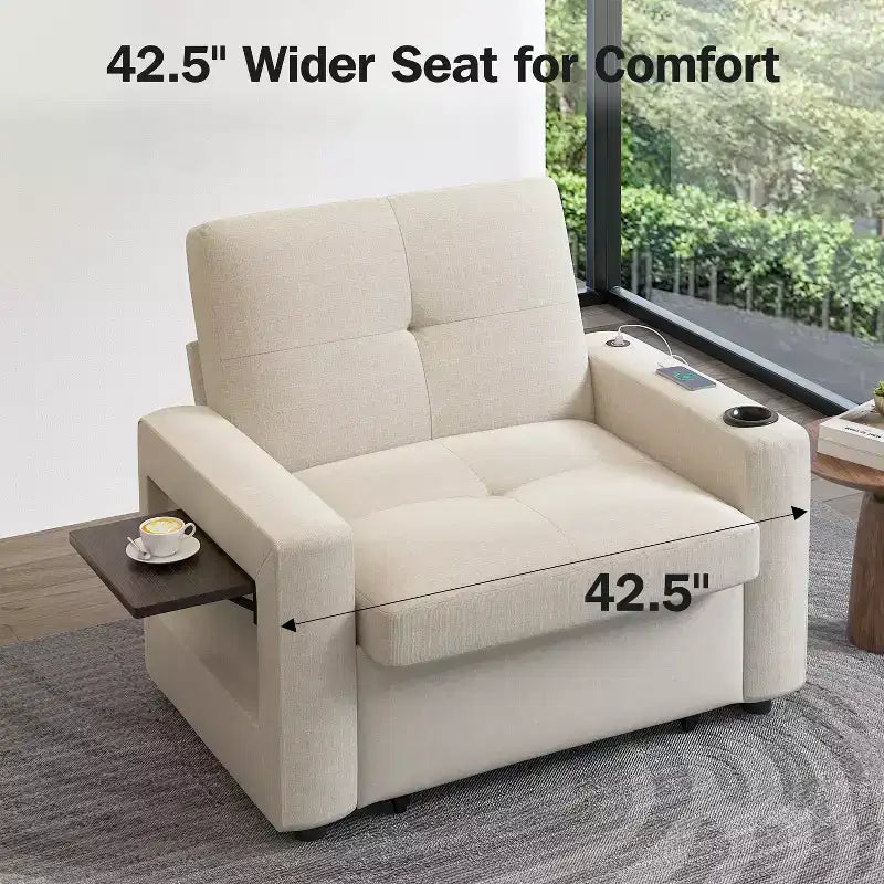 Dyonery 42.5 Canapé-lit convertible avec lit gigogne, fauteuil inclinable 3-en-1 avec dossier réglable, ports USB et tablette latérale