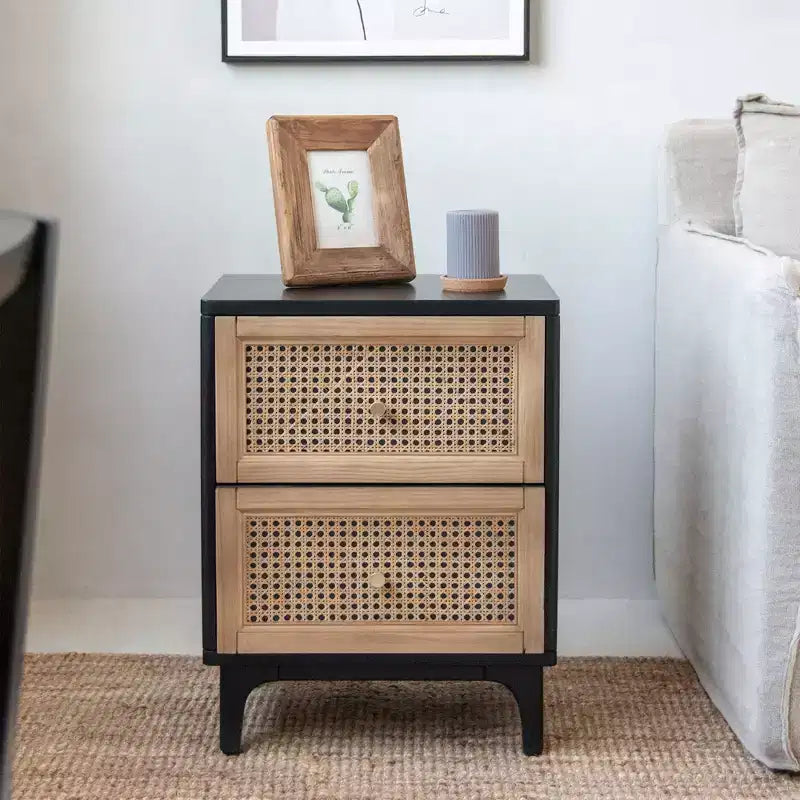 COZAYH Table de chevet moderne 2 tiroirs pour chambre à coucher, Table d'appoint avec rangement à compartiment unique et façade en motif tressé, Noir