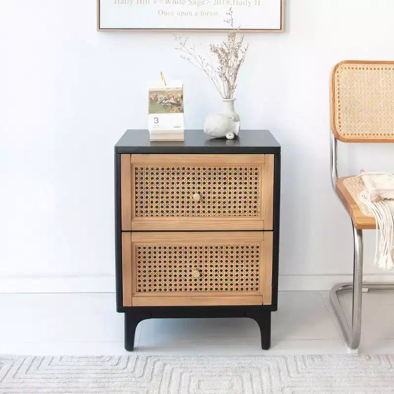 COZAYH Table de chevet moderne 2 tiroirs pour chambre à coucher, Table d'appoint avec rangement à compartiment unique et façade en motif tressé, Noir