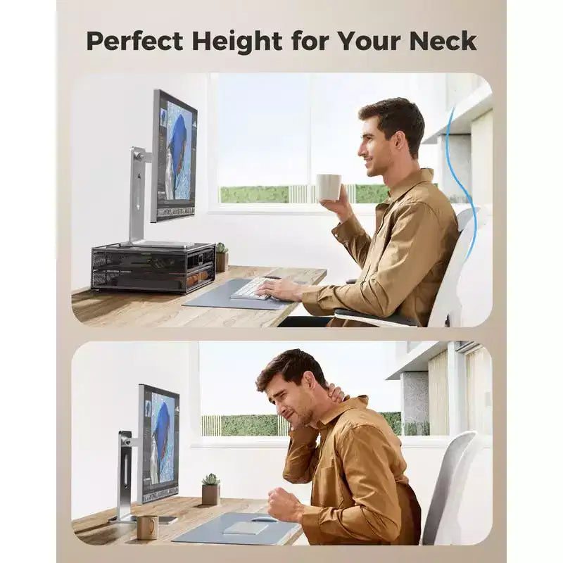 Support d'écran à 2 niveaux, Rehausseur d'écran en métal avec tiroir, Organiseur de bureau, Support d'écran avec rangement, Support d'ordinateur de bureau pour PC, Ordinateur portable, Imprimante
