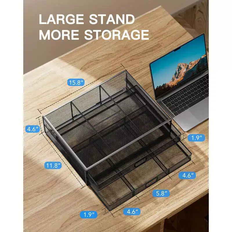 Support d'écran à 2 niveaux, Rehausseur d'écran en métal avec tiroir, Organiseur de bureau, Support d'écran avec rangement, Support d'ordinateur de bureau pour PC, Ordinateur portable, Imprimante