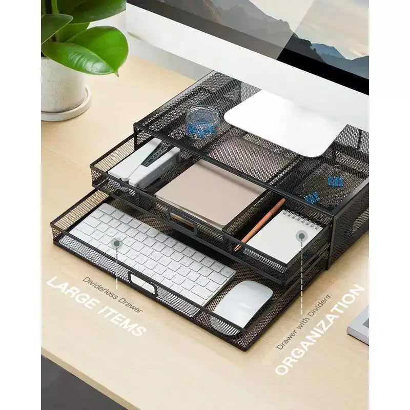 Support d'écran à 2 niveaux, Rehausseur d'écran en métal avec tiroir, Organiseur de bureau, Support d'écran avec rangement, Support d'ordinateur de bureau pour PC, Ordinateur portable, Imprimante
