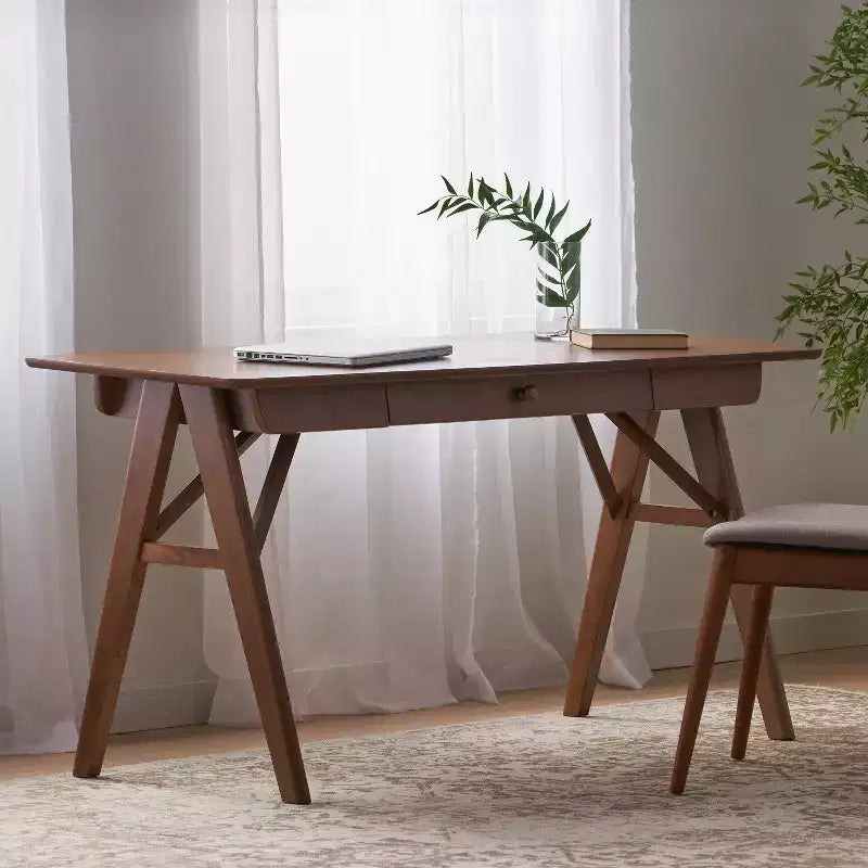 Okak 57IN Bureau d'ordinateur moderne au design élégant, bureaux à domicile avec 1 tiroir, bureau debout pour salle de lecture, chambre à coucher, bureau, noyer