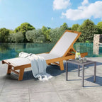 Adjustable Patio Chaise Lounge Chair with Wheels, Acacia Wood Outdoor Recliner with Teslin Mesh Cushion, 3-Position Adjustable Backrest, White
