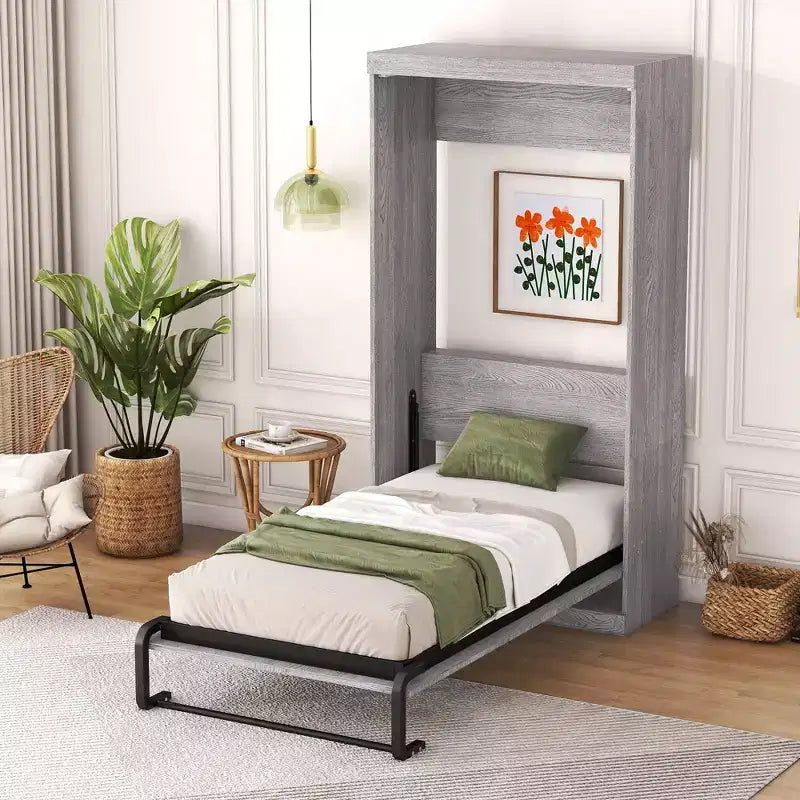 Lit Escamotable en Bois Wood Murphy, Lits Armoire Pliants Cadre de Lit Mural pour Chambre d'amis, Bureau à Domicile, Gris