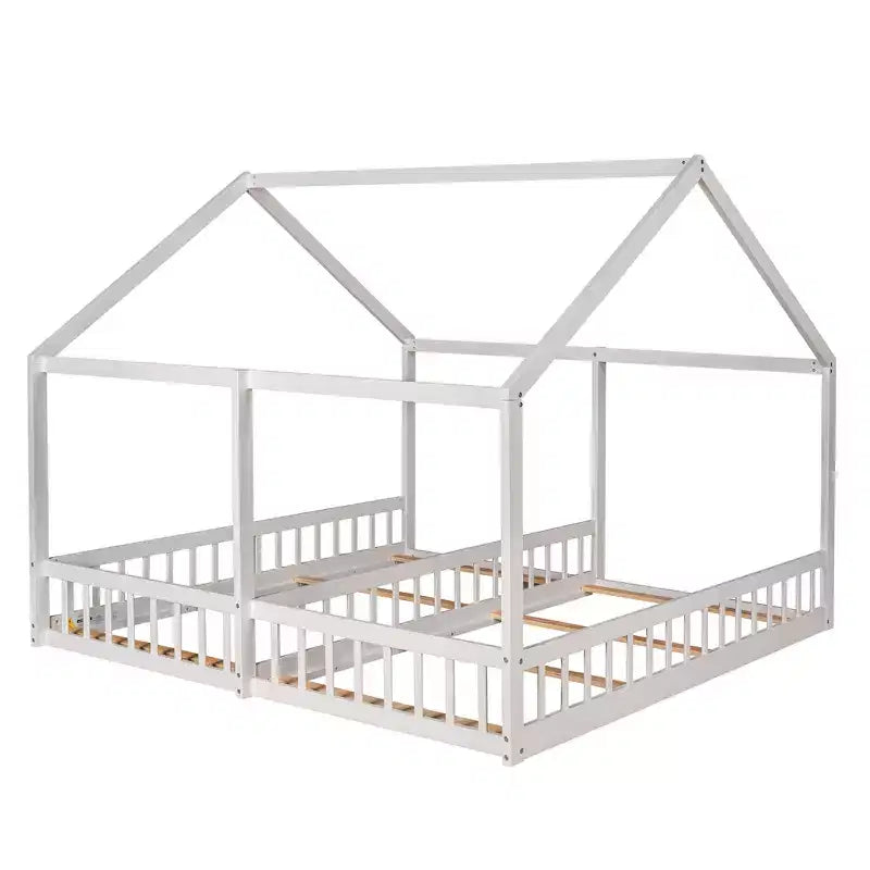 Lits plateforme en bois en forme de maison pour 2 enfants, lits jumeaux partagés pour garçons et filles
